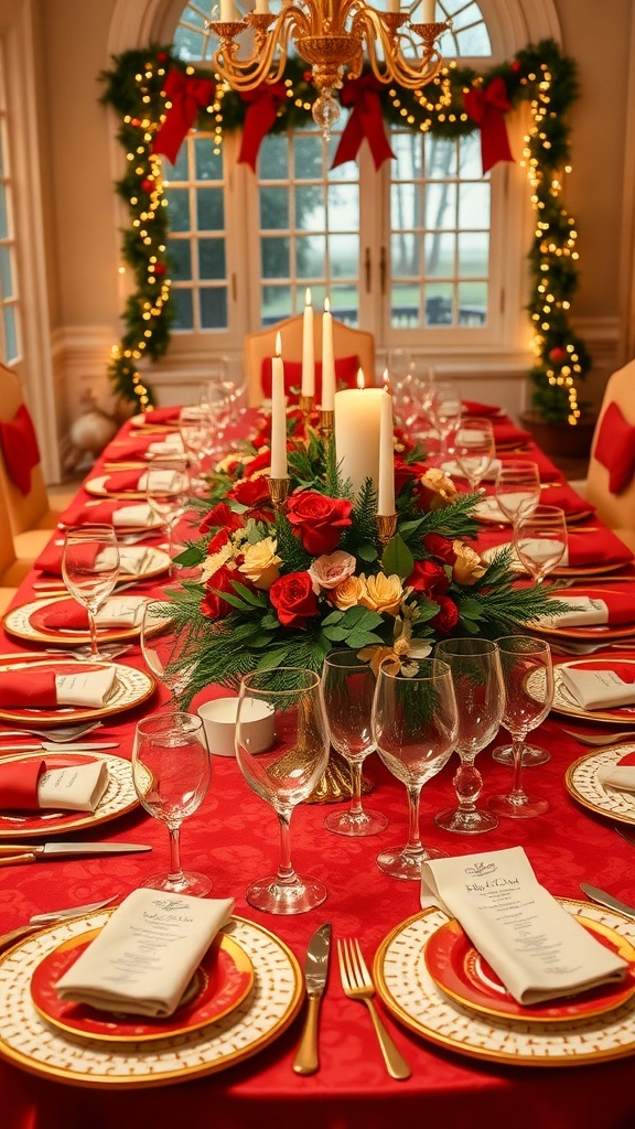 Elegant Christmas Table Settings for Large Gatherings Elegant Christmas table setting for a large group with red and gold decor, festive centerpiece, and place cards.